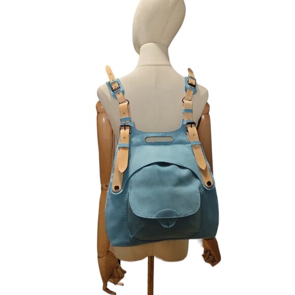 Handmade Light Blue Leather Convertible Backpack Shoulder Bag Crossbody Hobo main image 5